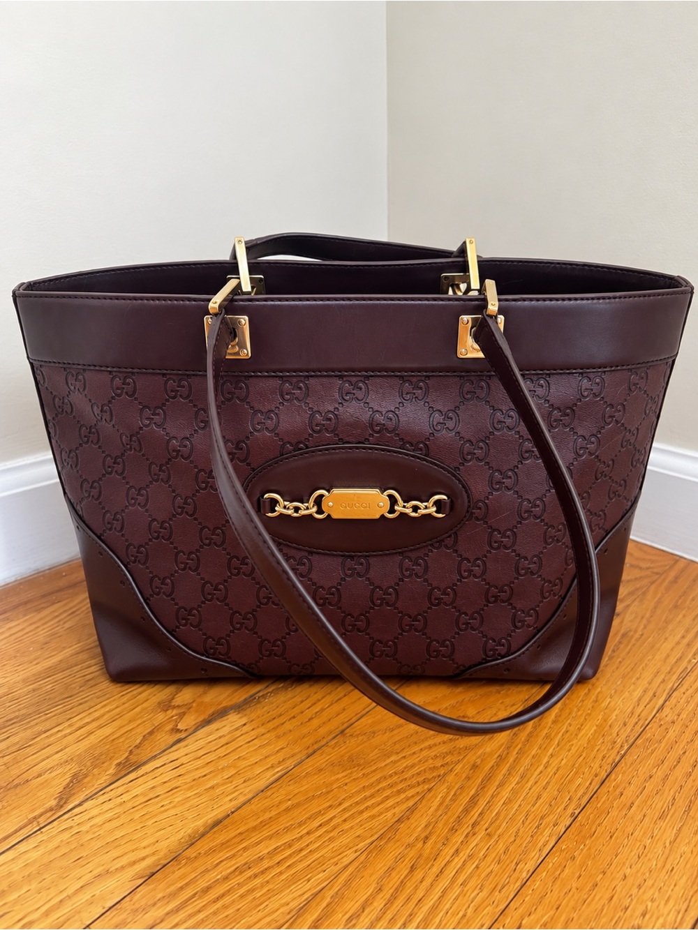 Gucci Burgundy Monogram Leather Tote with Gold Hardware